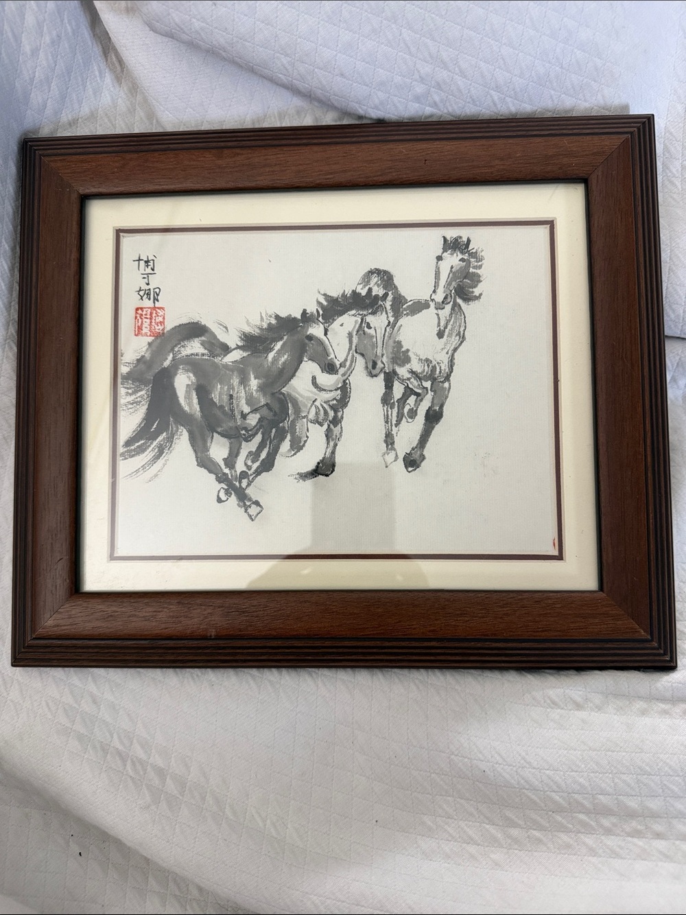 Vintage Framed Chinese Ink Painting - Three Galloping Horses Style of Xu Beihong